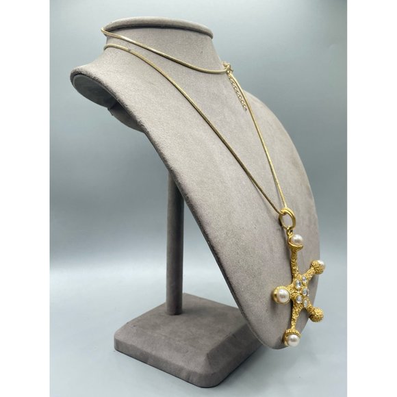 Vintage Signed CRAFT Seastar Necklace Starfish Gold Tone w Pearls & Rhinestones - Picture 11 of 15